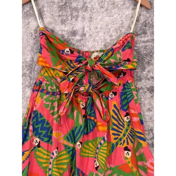 Farm Rio Dress Medium Womens Graphic Macaws Coral Tie Front Strapless Mini - Picture 2 of 8